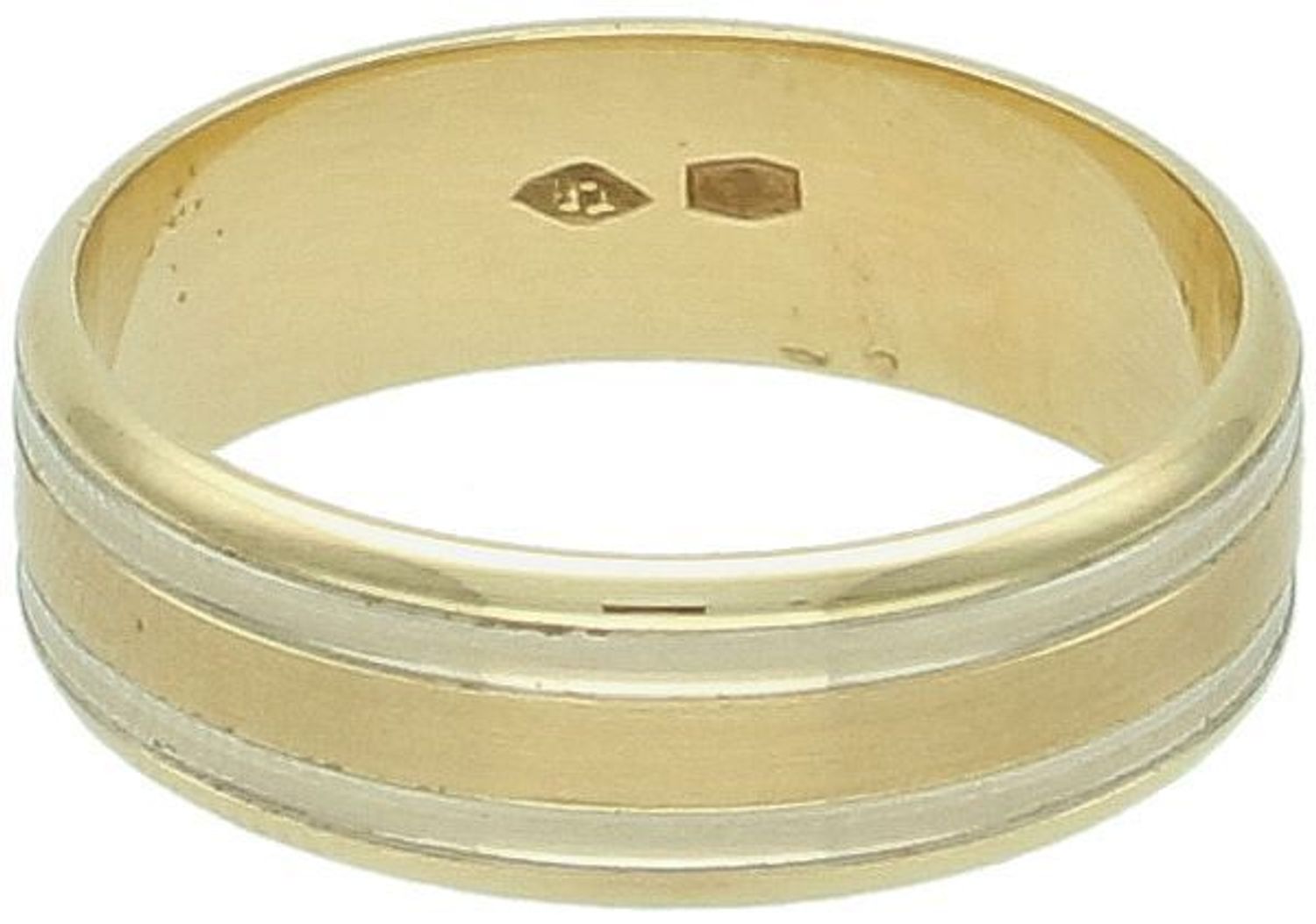 Złota obrączka płaska 6mm z białymi paskami 585 – Elegancja i blask na całe życie  Rozmiar 16.jpg